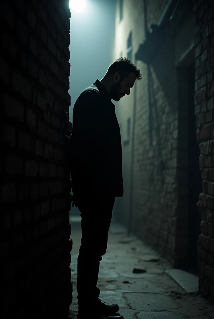 Create a black silhouette of a man peeking around a corner of a wall in a realistic finish in a horror atmosphere