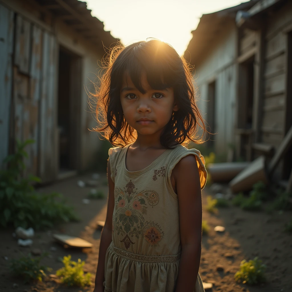 The light of hope on the face of the girl, but behind their poor house.