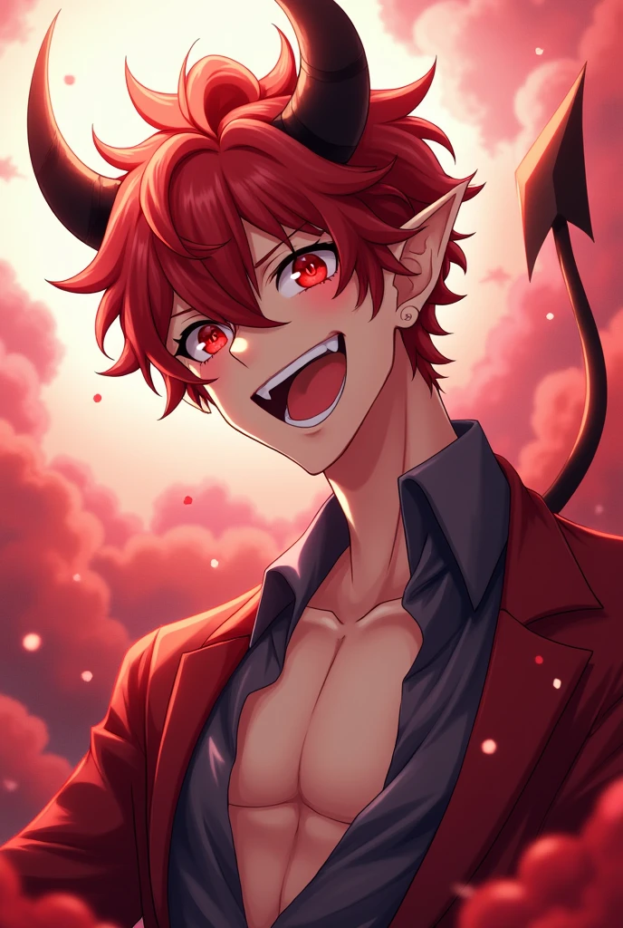 anime, devil, adolescent, pose sexy, horns, Red eyes, cheered up, portrait, Ahegao, masculine, big smile, by white, Ahegao.