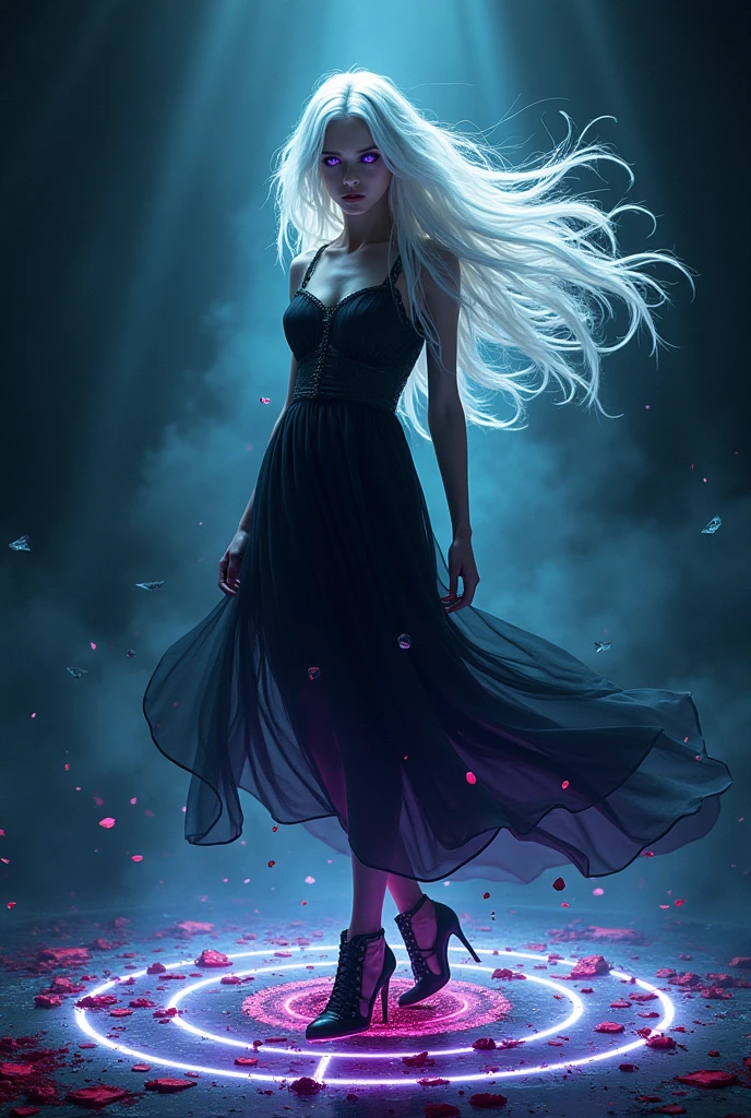 (masterpiece, best quality, ultra-detailed, best shadow), (detailed background,dark fantasy), (beautiful detailed face), high contrast, (best illumination, an extremely delicate and beautiful), ((cinematic light)), colorful, hyper detail, dramatic light, intricate details, (1girl, solo,white hair, sharp face,purple eyes, hair between eyes,dynamic angle), blood splatter, swirling black light around the character, depth of field,black light particles,(broken glass),magic circle,