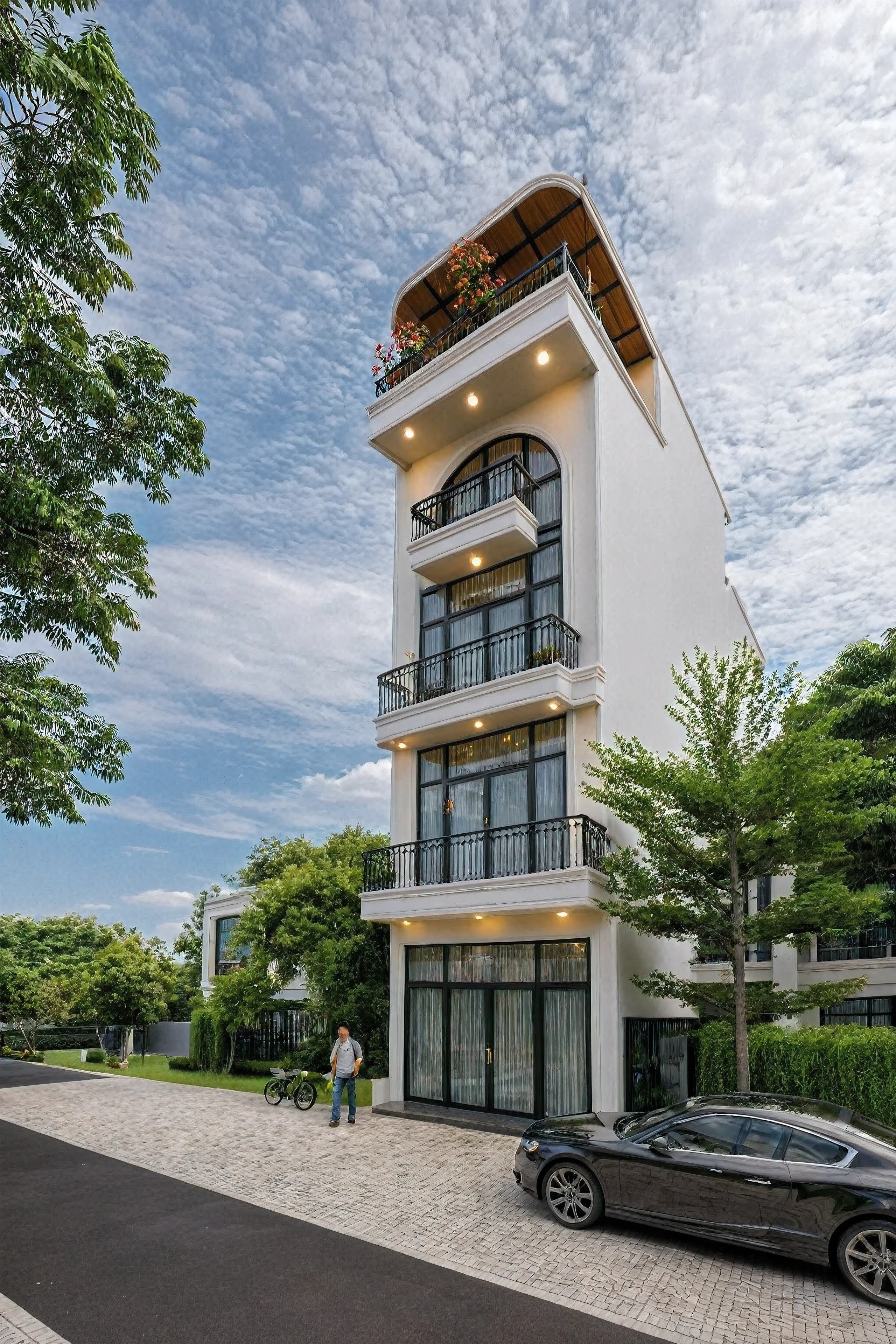 Raw photo,Masterpiece, high quality, best quality, authentic, super detail,
exterior, outdoors, house style indochine on the street ,aiaigroup
road,pavement, grass, trees, sky, cloud, (day:1.1)