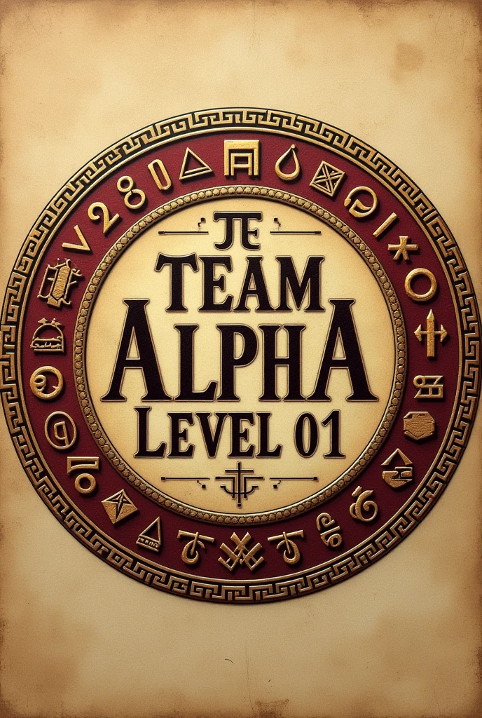 Generate a round logo where it says "Team Alpha level 1".  must include mathematical symbols as decorations. It should also have an antique look with Greek or Roman style typography.. 
