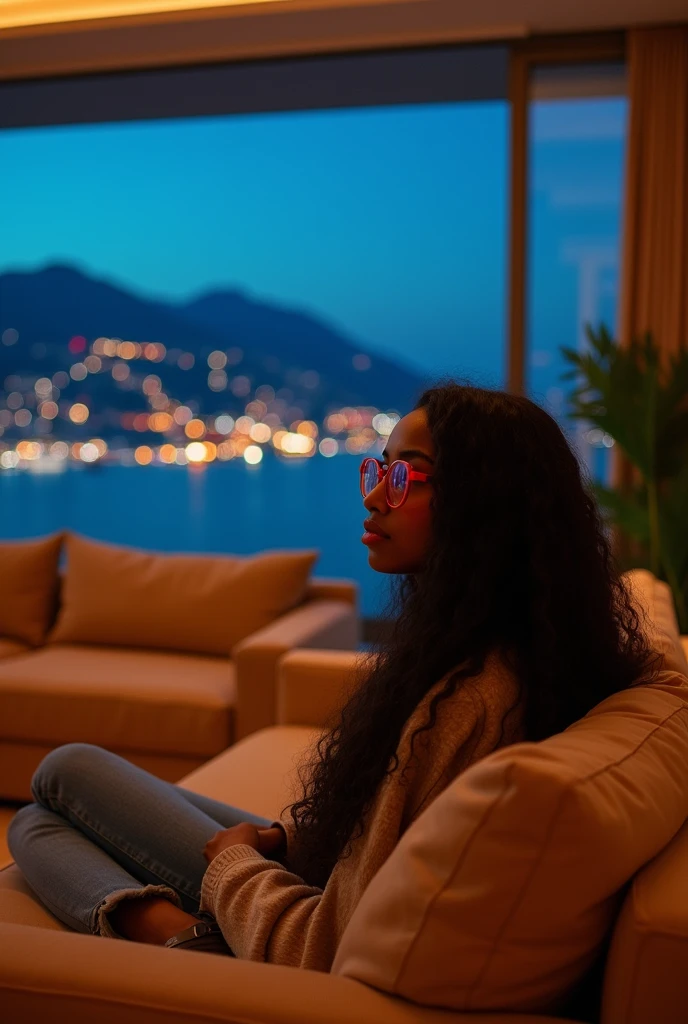 african girl, 19 ans, long black hair, red glasses, sitting in a large luxury modern living room, tan furniture, dark lighting, night, panoramic view of italy out of the window, wearing pacsun