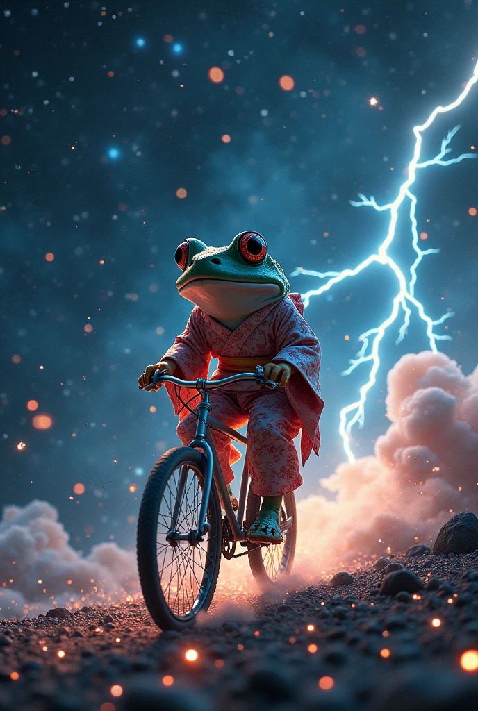 (Full-scale　Huge　Starry Sky:1.4) art,　 (as under deep sea lighting:1.1),  Lots of sparkling stars、　realistic, A lightning-shooting frog riding a bicycle、kimono、　in deep space, cosmic shower、