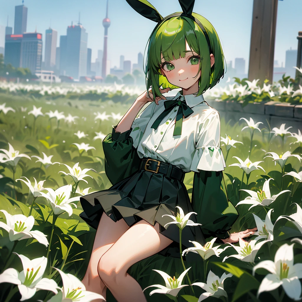 Green rabbit ears, green animal ears, a girl, bob cut, green hair, green eyes, look young, alone, short,  tiny,Lolita, childhood,smile, White Lily blouse, mini skirt, hairband, belt, ribbon, kawaii, cute, 10-year-old, baby face, face, 1900 age, City,