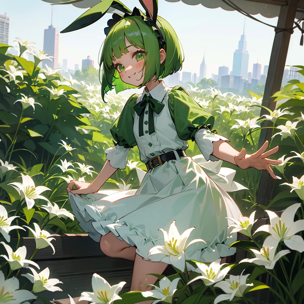 Green rabbit ears, green animal ears, a girl, bob cut, green hair, green eyes, look young, alone, short,  tiny,Lolita, childhood,smile, White Lily blouse, mini skirt, hairband, belt, ribbon, kawaii, cute, 10-year-old, baby face, face, 1900 age, City,