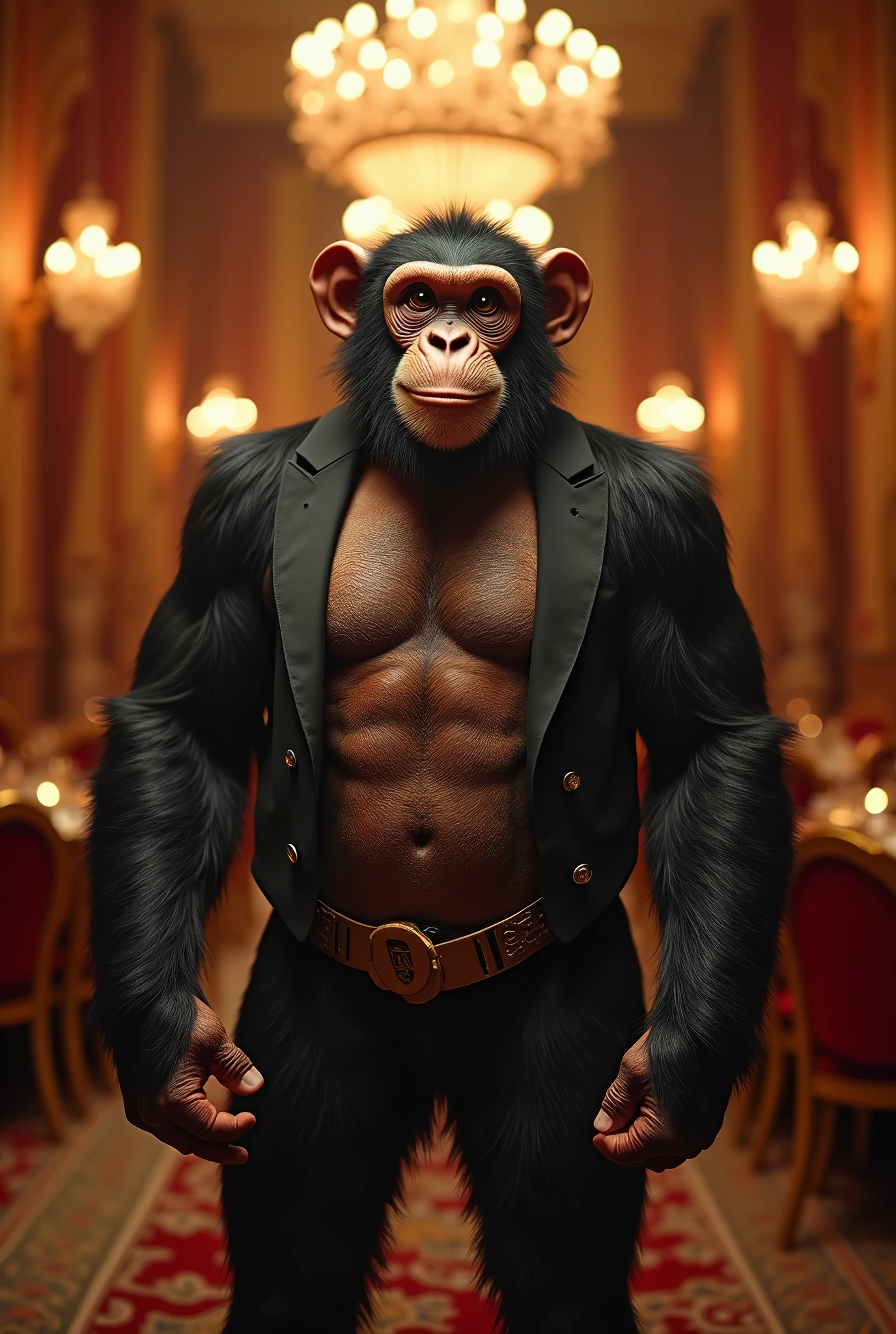 Huge muscular monkey in evening dress smiling and looking at the front, full picture, fine details, real life