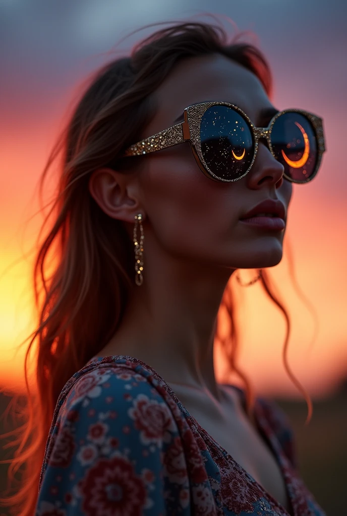 The model is wearing glass sunglasses with stars and the moon on the glass