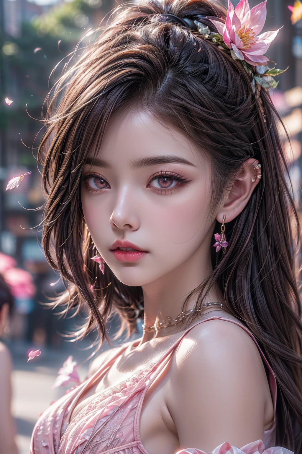 (CG unity 8k wallpaper extremely detailed) (better quality) (better lighting) (an extremely delicate and beautiful) (floating) (beautiful) (spring atmosphere) (1girl) (long pink hair), (hair headband), ((very short white dress, pink lace underside), (lace), ((light transparent silk))), (cherry blossom petals), (butterflies), (dof), (volumetric light) cinematic lighting, chromatic aberration, Sony FE GM, textured skin, high details, highres, 8k, (photorealistic Realism 16K Quality), ultra-detailed, UHD, (ultra absurd quality, extremely detailed detail, hyper resolution, clear sharp focus, not blurry, Realistic brown_eyes:1.35), (perfect dark_eyeshadows),