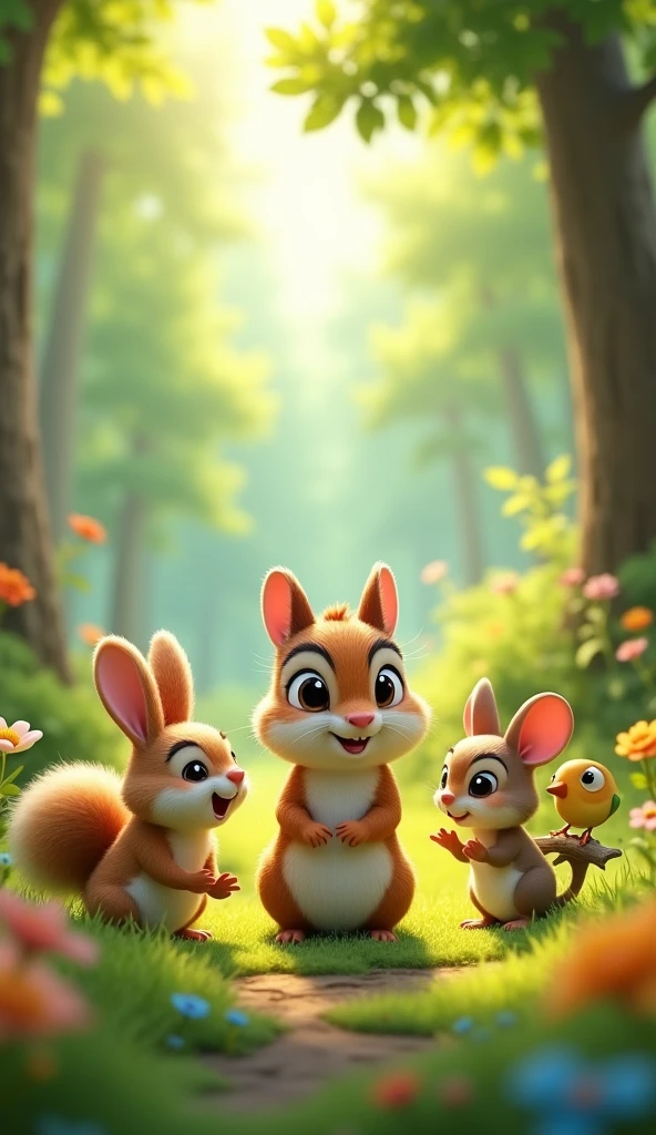 Cartoon anime 3D character of The cute chipmunk is approaching his friends—a bunny, a bird, and a mouse. They are all in a cheerful, open area of the forest, and the chipmunk looks a bit shy but hopeful as he asks for their assistance.
