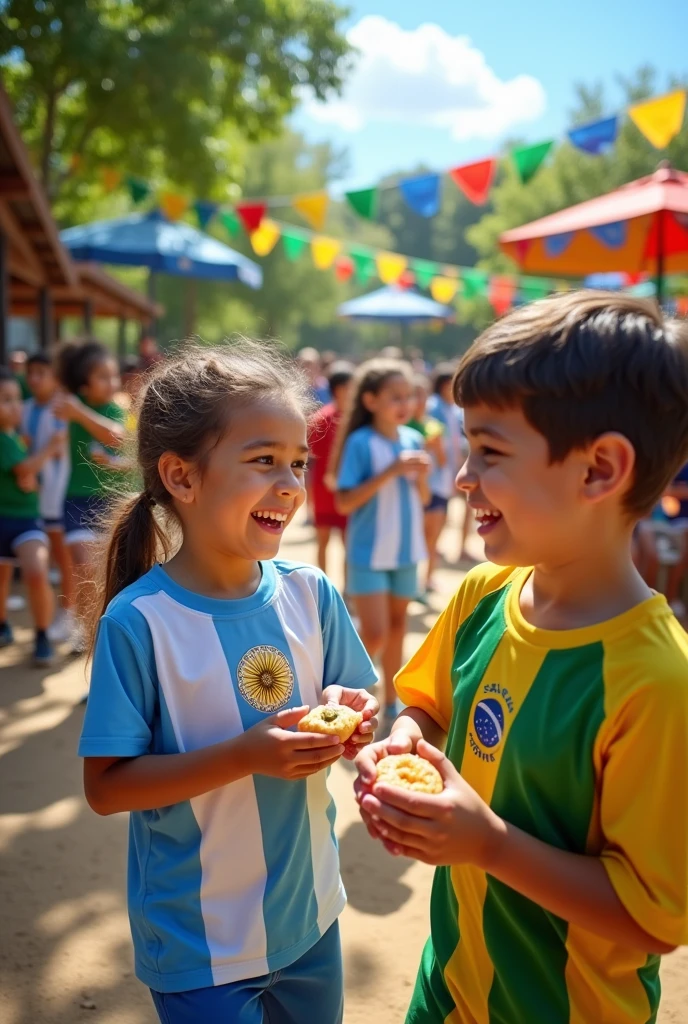 School kiosk with children from the Argentine and Brazilian national teams
