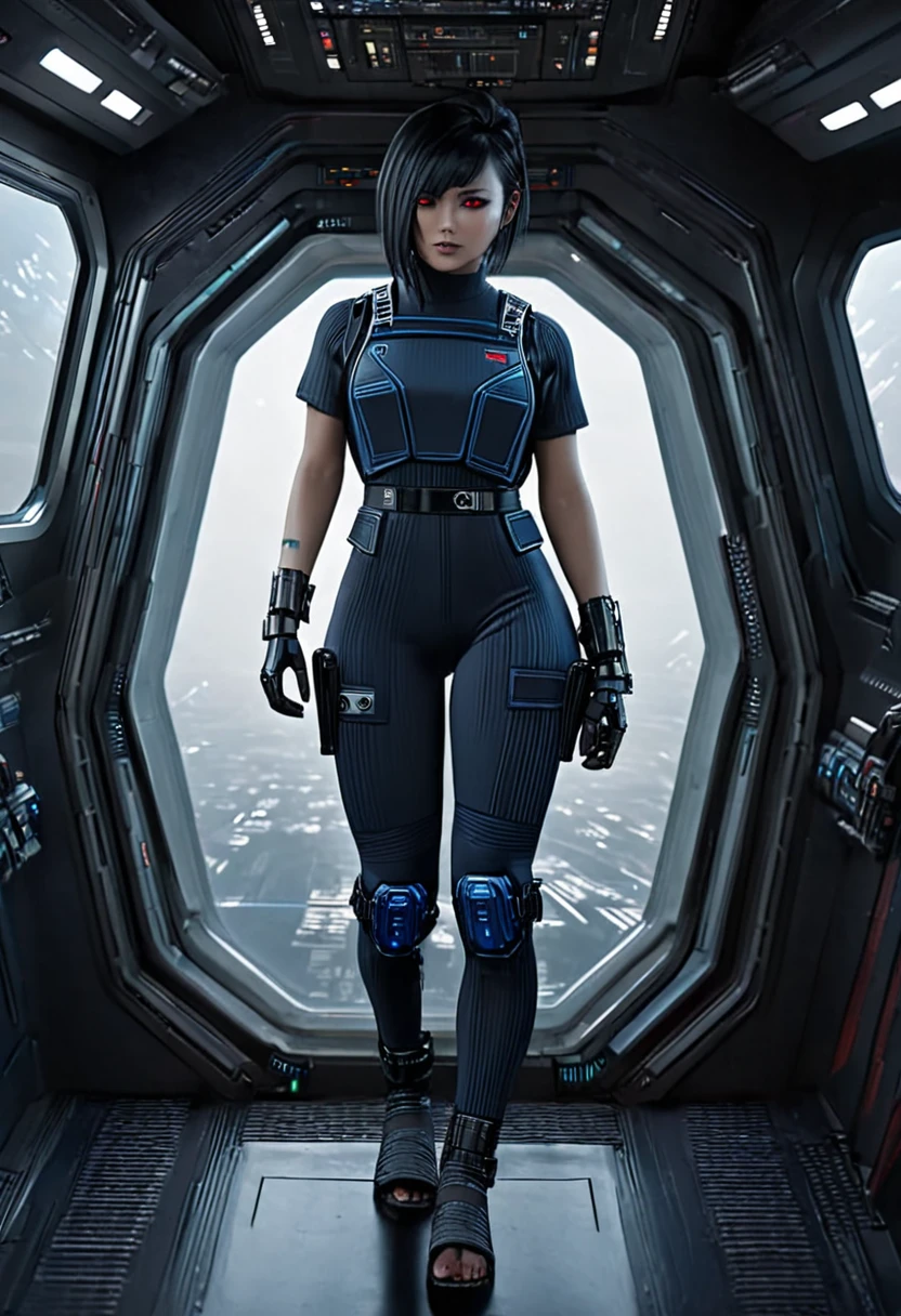 A female Chiss with dark blue skin, black hair, and red eyes, wearing a black jumpsuit, tool belt, in a full body pose, standing next to a window in the hallway of a spaceship, (best quality,4k,8k,highres,masterpiece:1.2),ultra-detailed,(realistic,photorealistic,photo-realistic:1.37),detailed cyberpunk character, hyper realistic, highly detailed face, intricate details, dramatic lighting, sci-fi, cinematic, moody atmosphere, cinematic lighting, dramatic lighting, vibrant colors, depth of field
