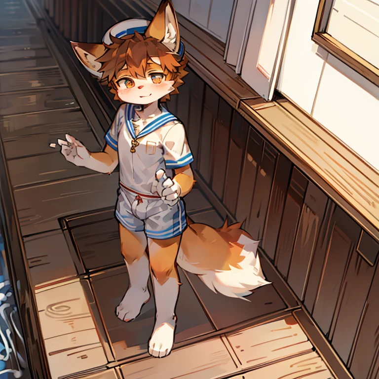 Boat deck，Fox Boy，Male focus，Furry people，Hairy Shota，Characteristics of a -year-boy，Hht 1.6 m，pupil，Bright Eyes，Sailor hat，White sailor suit，shorts，Not outstanding