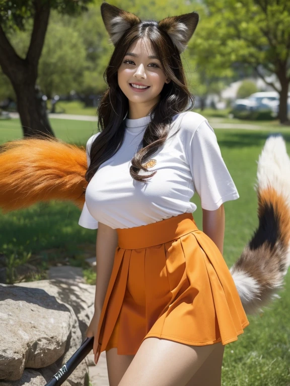 ((Highest quality, 8k)), ((masterpiece)), (Highest Resolution), Perfect Face, Fox Woman, Female college student, Beautiful woman, Outdoor, Only one tail, she has thick thighs, Her large tail, She has an orange fox tail, She wags her tail, Smiling with teeth showing, Fur collar, She's wearing a shirt and a short skirt., Plump Breasts, Beautiful Hips , A fox tail sticks out from the skirt.