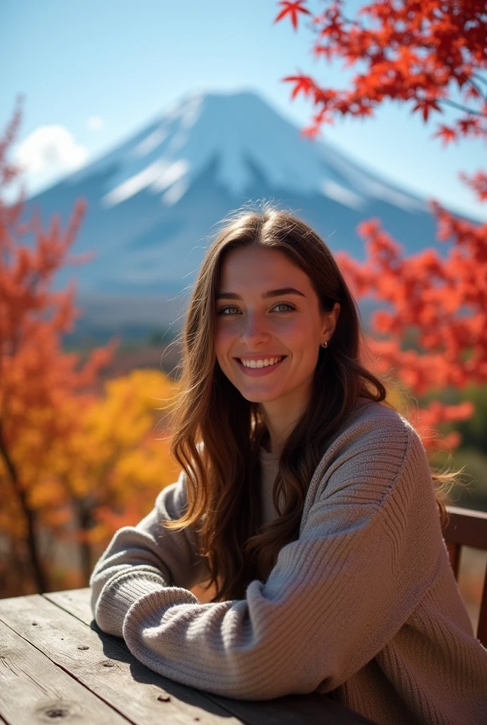 A stunningly beautiful 28-year-old woman, detailed beautiful eyes and face is sitting at a table with a view of the Fuji Mountain with red maple and yellow ginkgo tree leaves. Popular images: Medium angle shot, eye level, happy expression, facing the camera, soft sunlight.