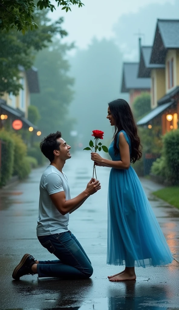 The image shows a young man kneeling on the ground in front of a young woman who is holding a red rose. The woman is wearing a blue dress and has long dark hair. She is standing on a street with houses and trees in the background. The sky is cloudy and it appears to be raining. The man is holding the rose in his hand and is looking at the woman with a smile on his face. The image has a dreamy and romantic feel to it.