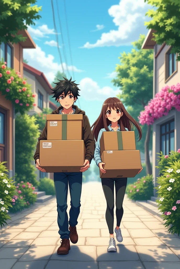 An anime man with black hair and dark maroon Eyes and He's carrying boxes to his house and an anime woman with long middle brunette hair and dark brown eyes  and she is also carrying boxes to their house 