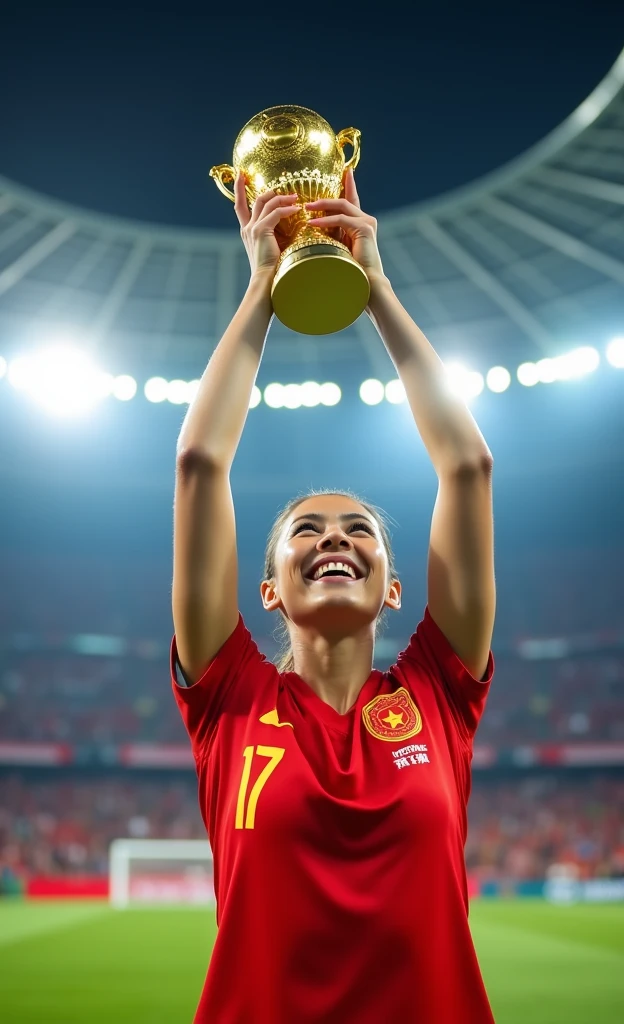 Chinese women's football,Beautiful facial features,White skin,Win the final,Celebrating with the World Cup in hand,Half-length photo,World Cup stadium as background