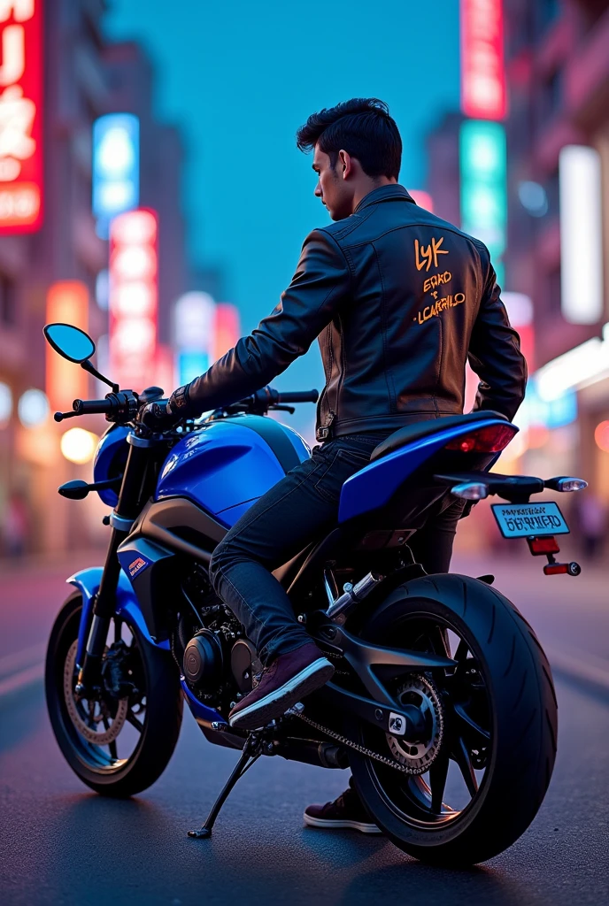 Blue suzuki gixxer naked type motorcycle with the name LyK and L_Carrillo in jacket
