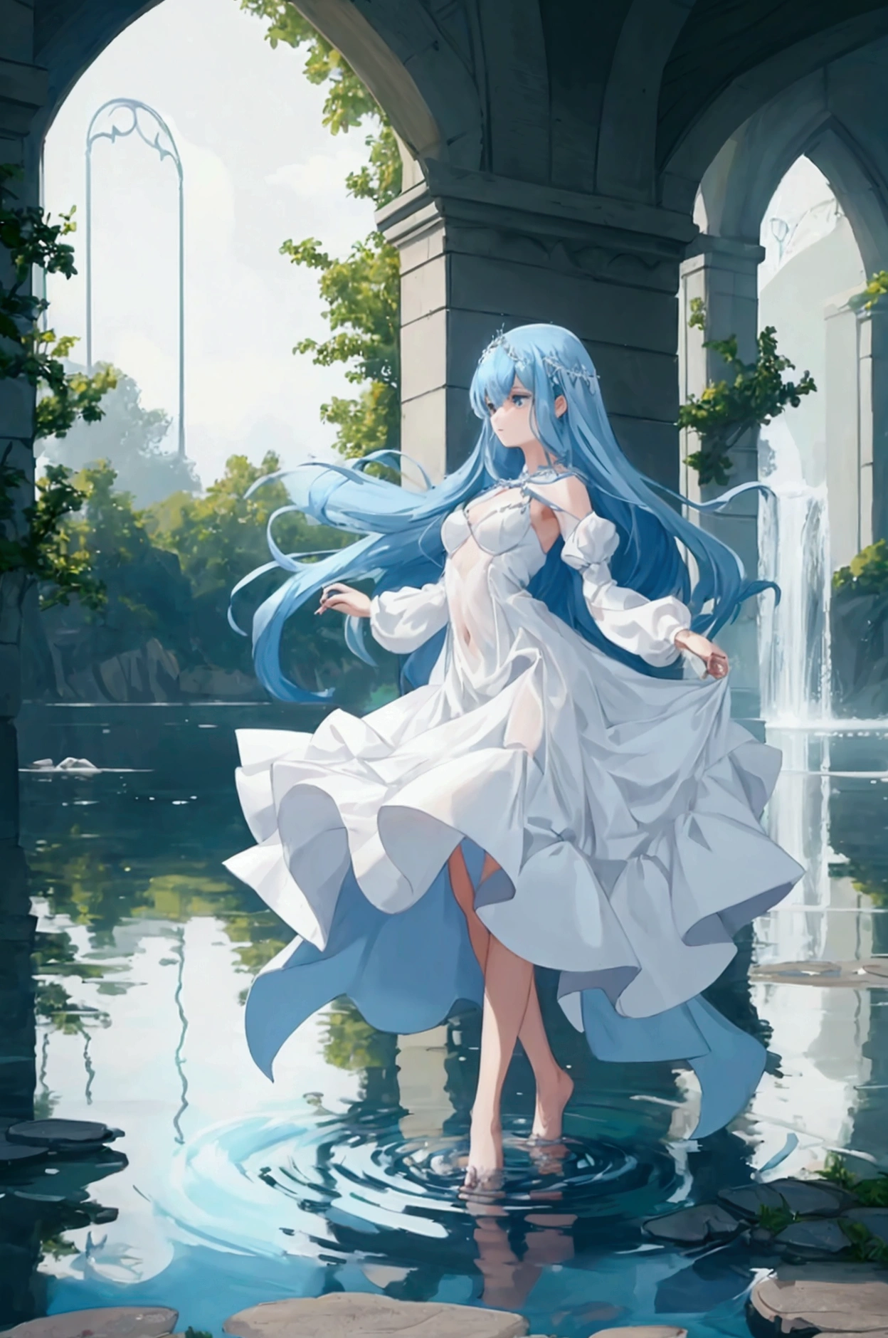 Woman in white dress, blue hair, Walking on the water, with hands on chest, little fairies around her, shining lake, water up to the knees, sad expression, High Definition, beautiful,