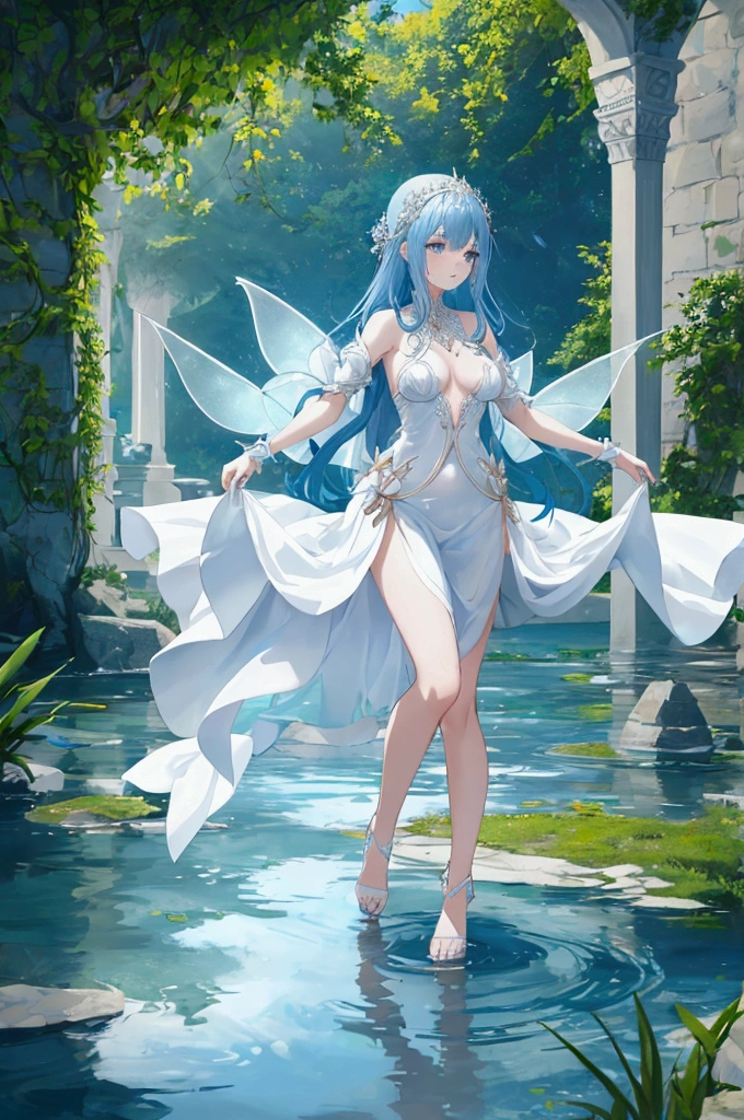 Woman in white dress, blue hair, Walking on the water, with hands on chest, little fairies around her, shining lake, water up to the knees, sad expression, High Definition, beautiful,