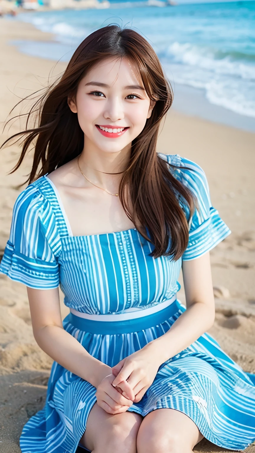 Top quality, one beautiful woman, summer fashion, at beach, smile