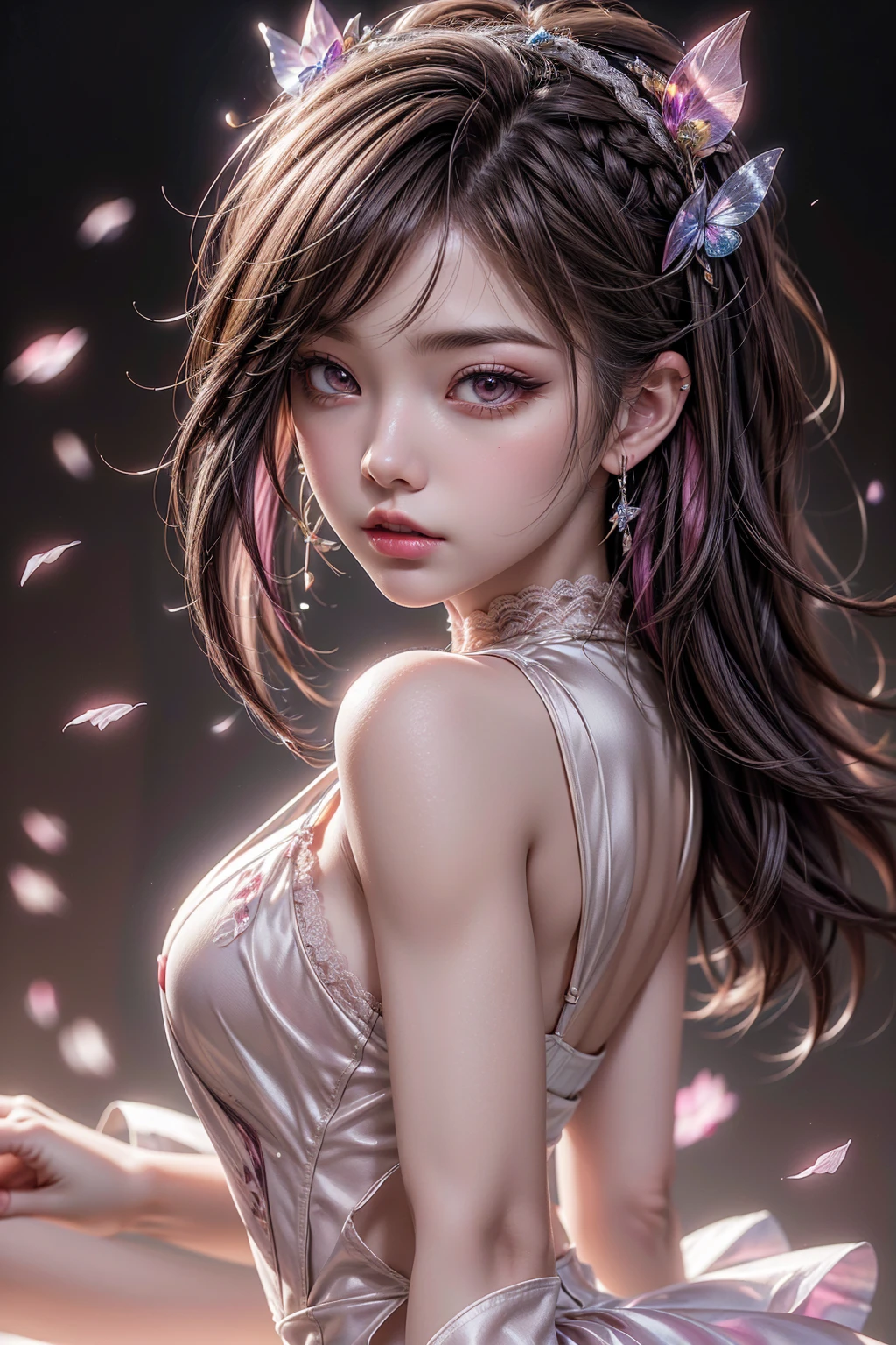 (CG unity 8k wallpaper extremely detailed) (better quality) (better lighting) (an extremely delicate and beautiful) (floating) (beautiful) (spring atmosphere) (1girl) (long pink hair), (hair headband), ((very short white dress, pink lace underside), (lace), ((light transparent silk))), (cherry blossom petals), (butterflies), (dof), (volumetric light) cinematic lighting, chromatic aberration, Sony FE GM, textured skin, high details, highres, 8k, (photorealistic Realism 16K Quality), ultra-detailed, UHD, (ultra absurd quality, extremely detailed detail, hyper resolution, clear sharp focus, not blurry, Realistic brown_eyes:1.35), (perfect dark_eyeshadows),