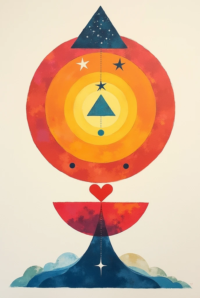 1. Draw a medium-sized circle in the middle of your paper.
2. Draw a medium-sized square below the circle but have the top of it touch the bottom of the circle.
3. Draw a medium-sized heart in the square.
4. Draw two smaller rectangles, one on each side of the square. They should go the wide way not the tall way and they should touch the sides of the square. Also, the top of each rectangle should line up with the top of the square.
5. Draw a medium-sized triangle above the circle. The bottom of the triangle should touch the top of the circle.
6. Draw three small stars anywhere inside the triangle.
7. Draw a small triangle in the center of the medium-sized circle.
8. Draw an arc which curves up below the small triangle.
9. Draw two small circles above the small triangle, one slightly to the right and one slightly to the left