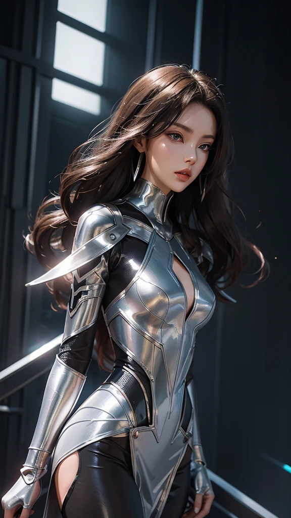 ((Best Quality, 8K, Masterpiece: 1.3)), 1girl, shiny skin, sharp, Perfect Body Beauty, realistic shaded perfect body, ("bodysuit ,transparent pussy" :1.2), (machanical armor gloves:1.2), (mechanical armor leggins:1.2) ,big_breasts ,mechanical, thigh ,dynamic pose, no bra, (wind:1.1), electricity, elaborate detail, battle field