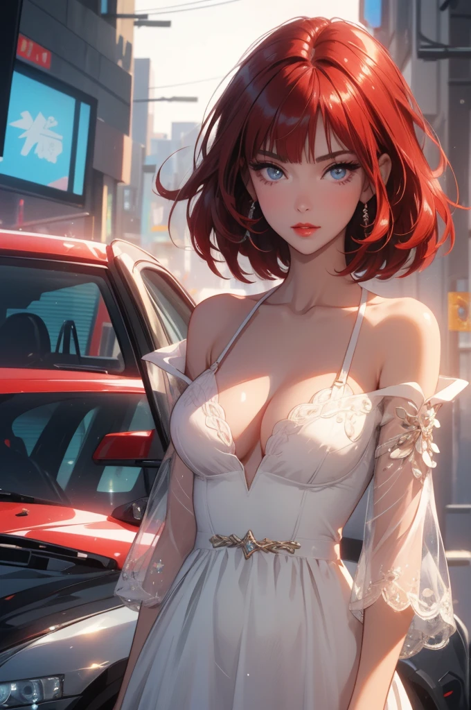 1girl,a beautiful fashion model ,(masterpiece, detailed background, best quality),short and shiny hair, red hair, hair with highlights, bangs, smirk,juicy lips,red lips, calmart, lingerie, stripping, elegant makeup, blue eyes, full body shot, (shiny skin), cyberpunk, sci fi, boa, extravagant jewelry, cocky expression, covered in jewelry, fancy, white dress