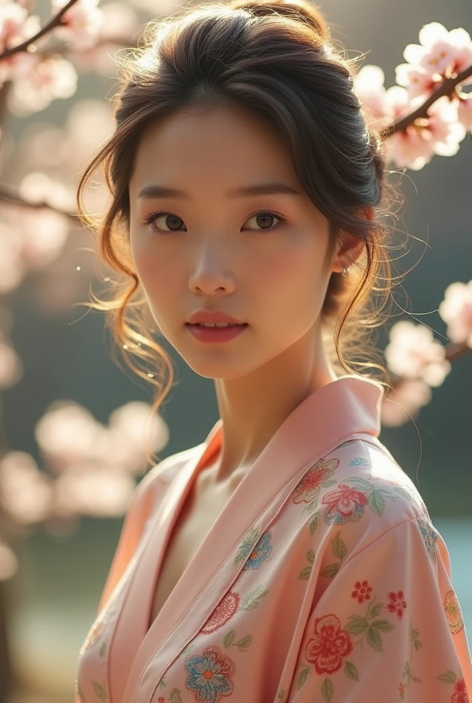 An elegantly dressed Japanese woman in natural light、A close-up of her chest and calm expression.、It shows her inner peace and outer charm.。