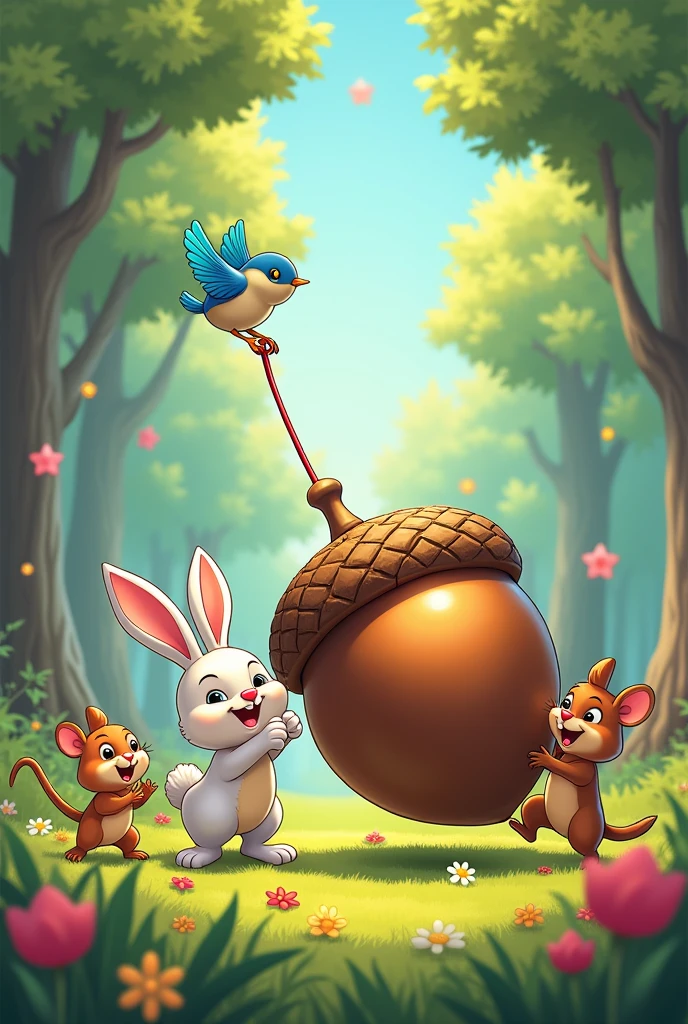 Cartoon anime 3D characters of The bunny, bird, mouse, and chipmunk are all working together to move the large acorn. The bird might be pulling a string tied around the acorn, the mouse and bunny are pushing, and the chipmunk is leading the way.