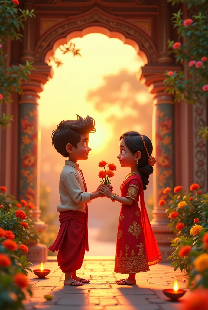 In 3D animation style:Ramu and Sītā performing a ritual** at the village temple, offering their thanks to the deity for guidance.