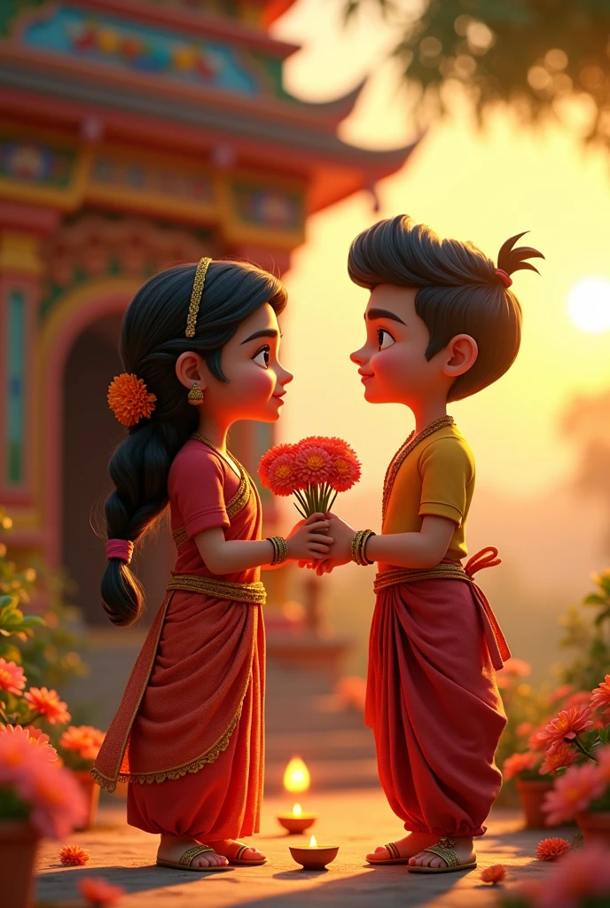 In 3D animation style:Ramu and Sītā performing a ritual** at the village temple, offering their thanks to the deity for guidance.