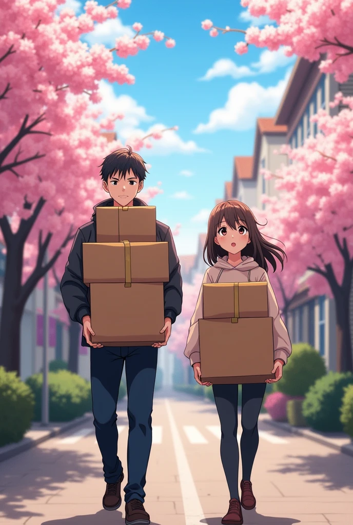 An anime man with black hair and dark maroon Eyes and He's carrying boxes to his house and an anime woman with long middle brunette hair and dark brown eyes and she is also carrying boxes to their house