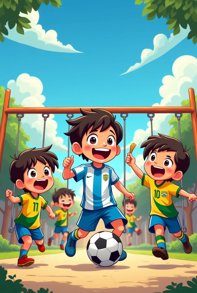Cartoon of a school kiosk with children from the Argentine and Brazilian national teams
