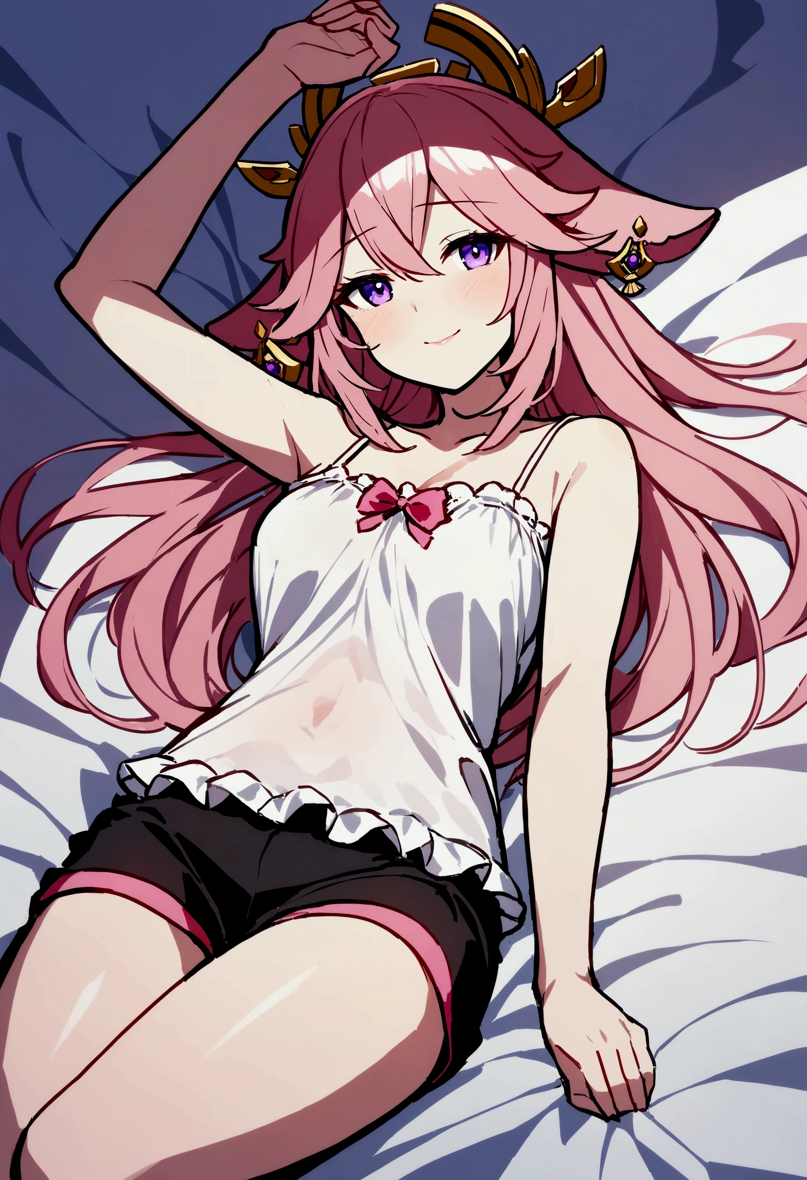 Yae miko, lying on a soft white bed. Young girl with loose hair spread out on the bed. She was lying on her back with a relaxed expression, looking up with big, gentle eyes. A gentle smile appeared on her lips. She wore a delicate white ruffled camisole paired with matching shorts, both with small pink bows as accents. The camisole has thin straps, soft and slightly thin fabric with frills creating a fun and cute look. High-waisted shorts, with a similar ruched design that matches the top. Her posture is relaxed, one arm raised above her head, fingers gently touching her hair, while the other arm rests on her stomach. One leg is slightly bent, while the other is extended, adding a casual and natural look to the pose. The bed beneath her was soft, the sheets slightly wrinkled, creating a cozy and inviting feeling. The overall scene is peaceful and serene, emphasizing her relaxed state.