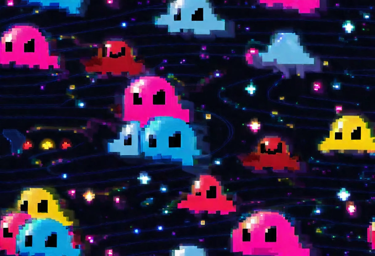 Highly stylized, Arcade character PacMan chasing ghosts (red, pink, light blue, yellow) around a starry sky. Arcade action in the sky