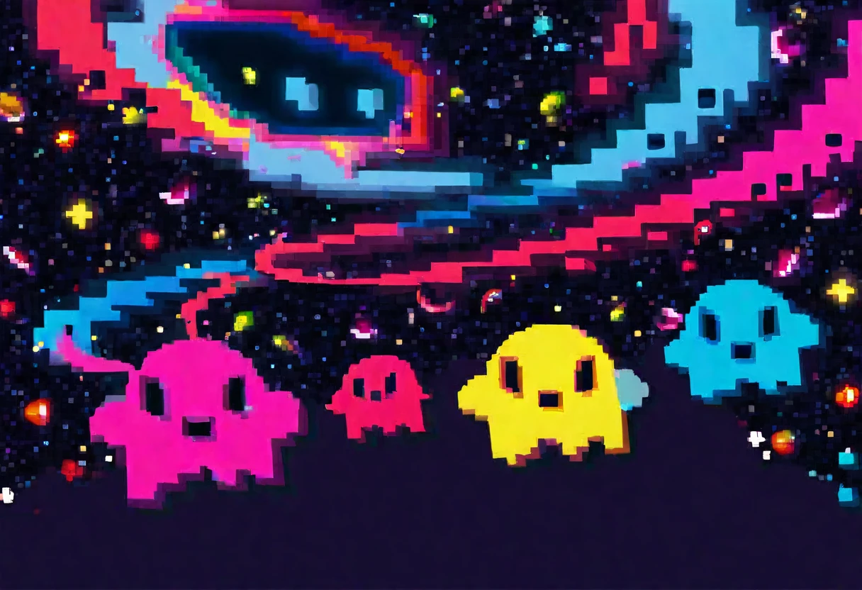 Highly stylized, Arcade character PacMan chasing ghosts (red, pink, light blue, yellow) around a starry sky. Arcade action in the sky