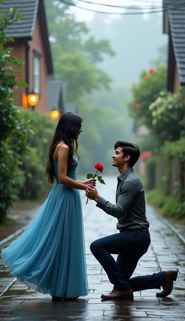 The image shows a young man kneeling on the ground in front of a young woman who is holding a red rose. The woman is wearing a blue dress and has long dark hair. She is standing on a street with houses and trees in the background. The sky is cloudy and it appears to be raining. The man is holding the rose in his hand and is looking at the woman with a smile on his face. The image has a dreamy and romantic feel to it.