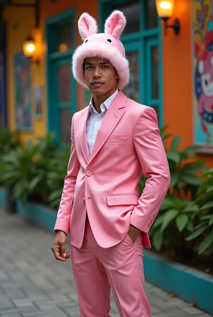 Young Filipino Man with 3-piece pink suit with a fluffy bunny baklava hat, full body