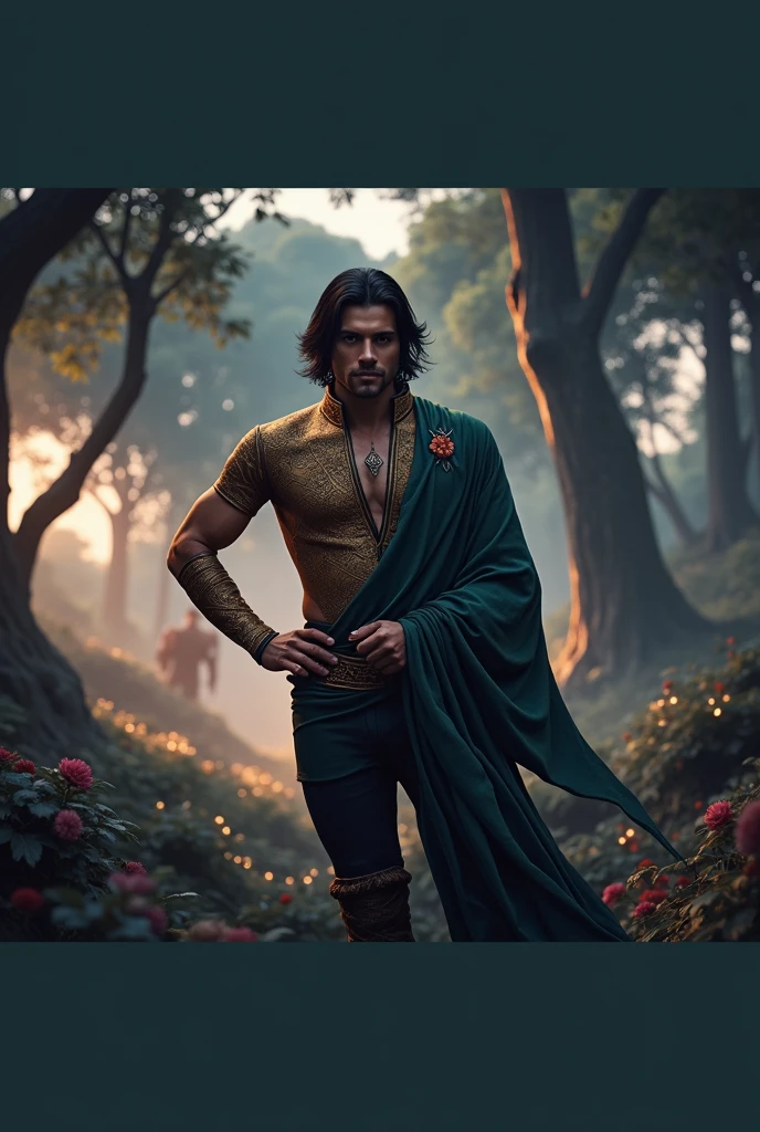 Black hair man, medium hair, fantasy world style clothing,