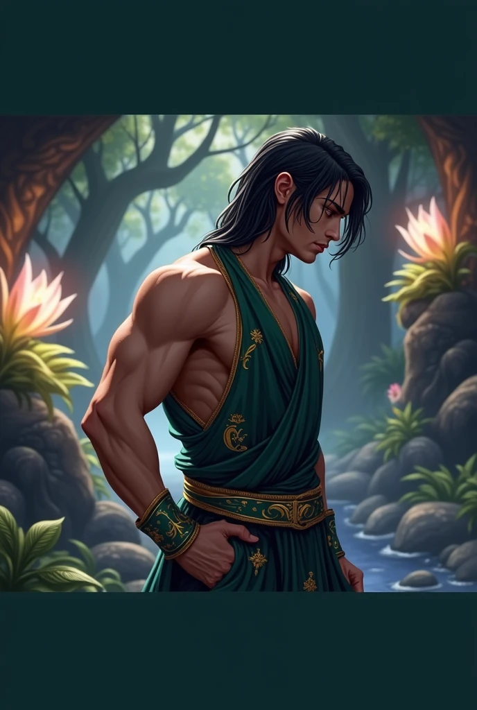 Black hair man, medium hair, fantasy world style clothing,