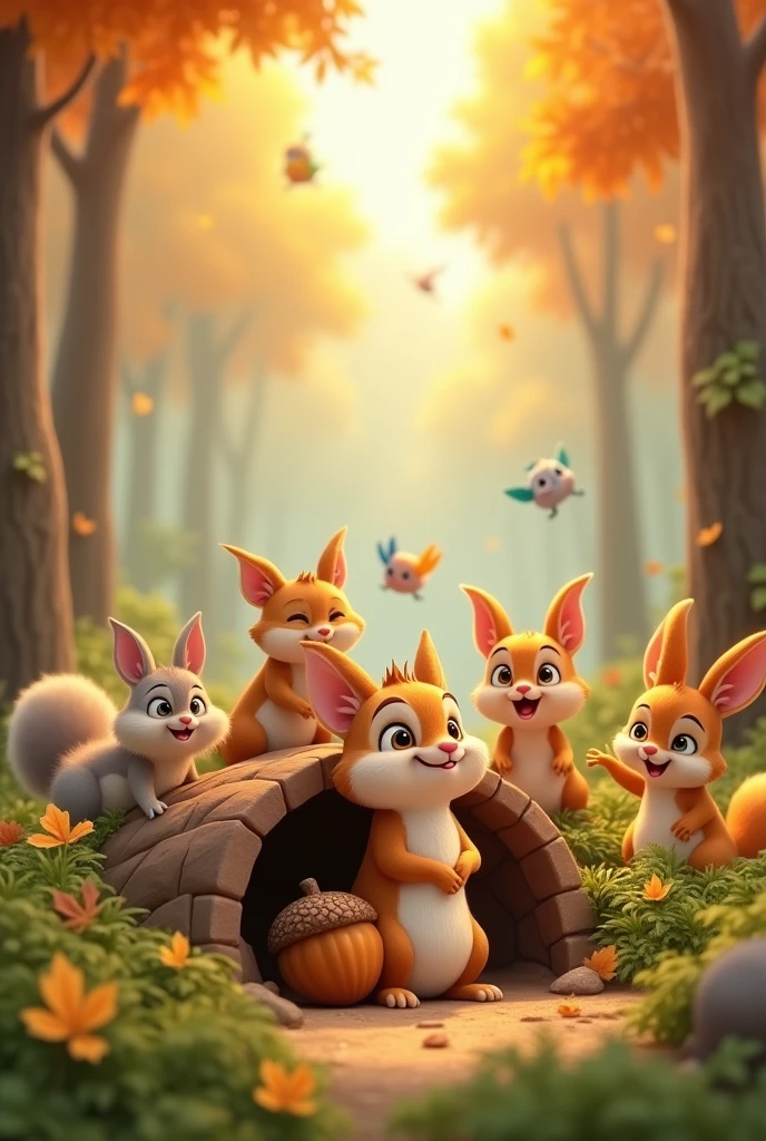 Cartoon anime 3D character of The acorn is safely nestled near the chipmunk's burrow, and all the friends are gathered around it, smiling and happy. The chipmunk looks relieved and grateful, and the scene is filled with warmth and camaraderie.