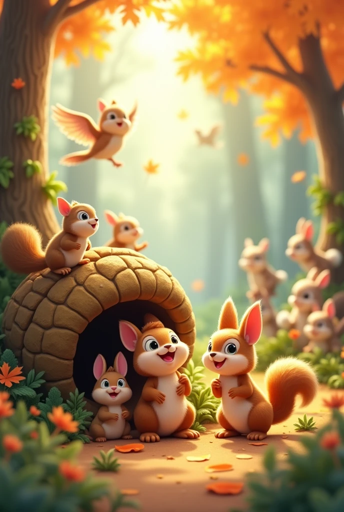 Cartoon anime 3D character of The acorn is safely nestled near the chipmunk's burrow, and all the friends are gathered around it, smiling and happy. The chipmunk looks relieved and grateful, and the scene is filled with warmth and camaraderie.