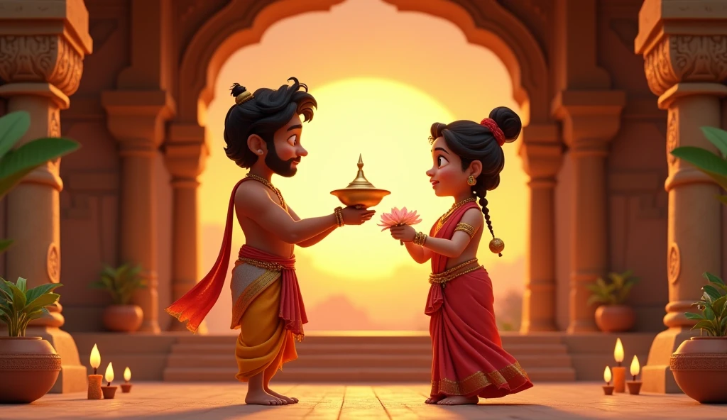 In 3D animation style:Ramū and Sītā performing a ritual** at the village temple, offering their thanks to the deity for guidance.