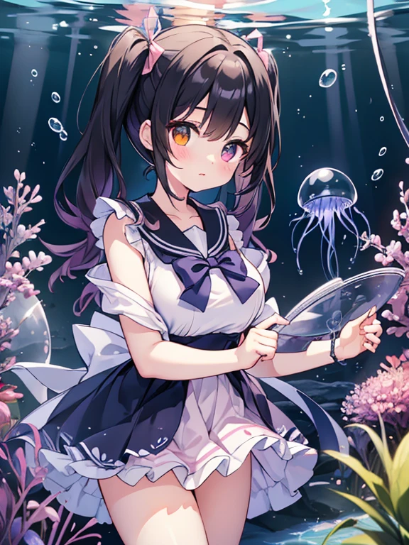 (masterpiece, quality of intention, carefully detailed drawing, beautifully drawn eyes), short twintails hair, black hair, very baby face, droopy eyes, heterochromia, pink eye, orange eye, very huge breasts, 145cm tall, wearing summer sailor uniform, standing in front of a tank of jellyfish in an aquarium. The room where the jellyfish tank is located is dark, and only the tank is lit up brightly in blue and purple,