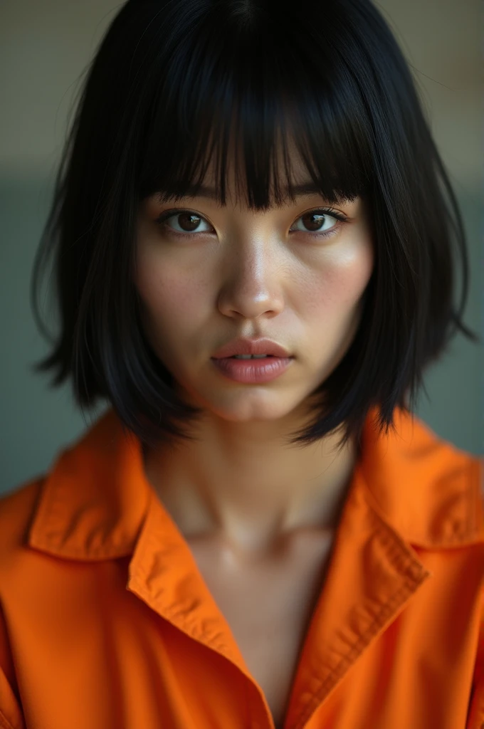 (Photorealism:1.2), one woman in orange prisoner jumpsuit, portrait, asymmetrical bob haircut, frontal, neutral facial expression, high resolution, 4K, UHD,,high detail