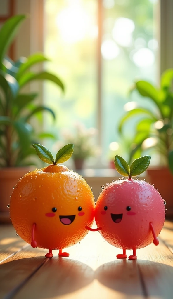 Create an image of two adorable, cartoonish fruit characters, one orange and one pink, both with cheerful smiles and tiny arms and legs. They have glossy, semi-transparent surfaces with tiny water droplets, and each has a small leaf on top. The background features a bright and airy indoor setting with green plants and soft natural light, creating a cozy atmosphere. The scene conveys a sense of happiness and friendship, with a gentle bokeh effect in the background.