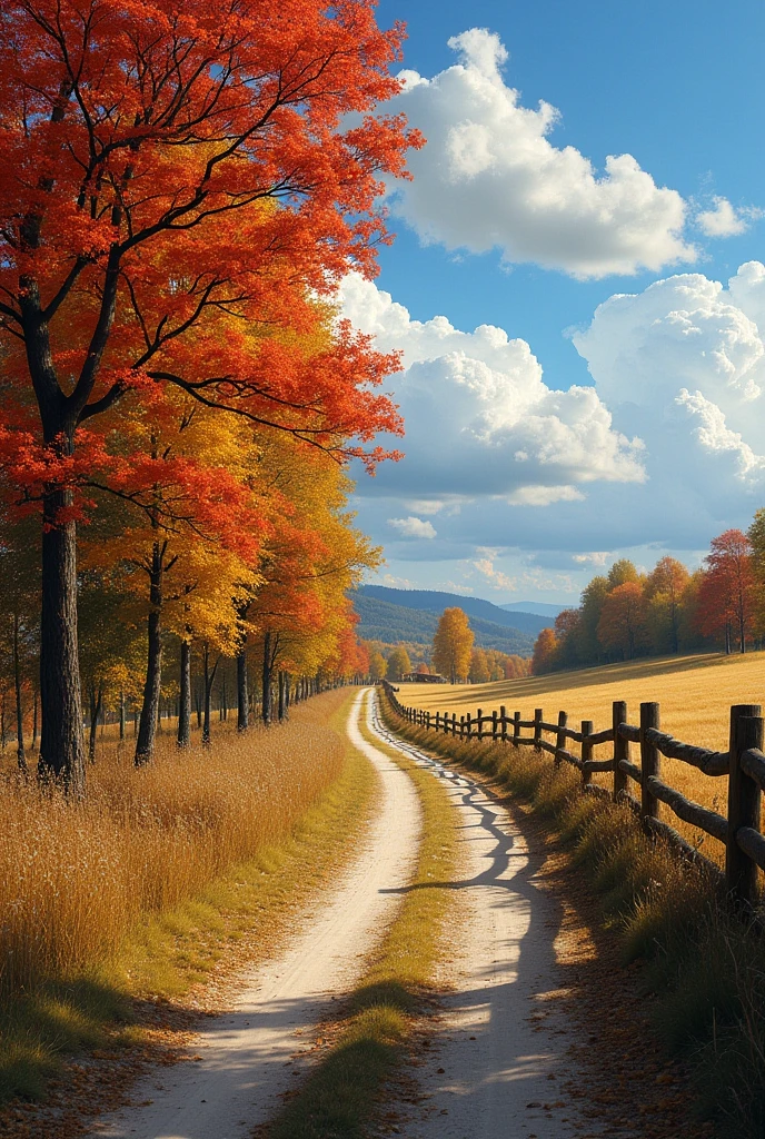 Dirt road wooden fence colorful trees sky with clouds 